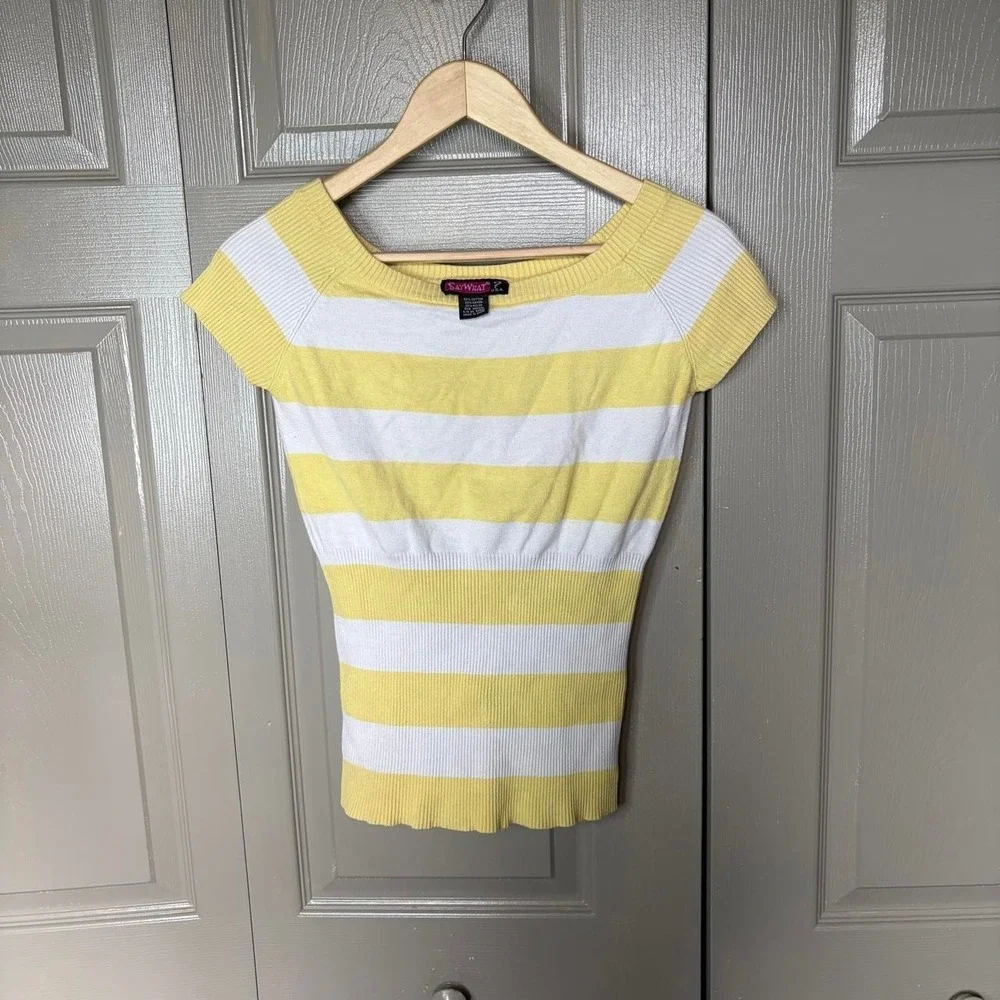 Say What? Women Yellow White Striped Ribbed Scoop Neck Y2K Knit Blouse Size M